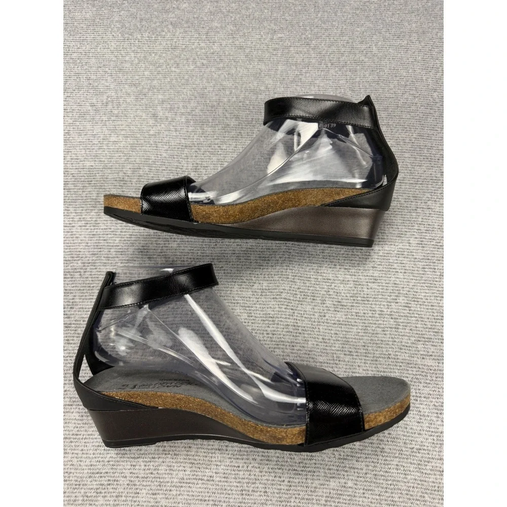 Naot Women Black Leather Wedge Sandals Ankle Strap Cork Footbed Size 39 L8